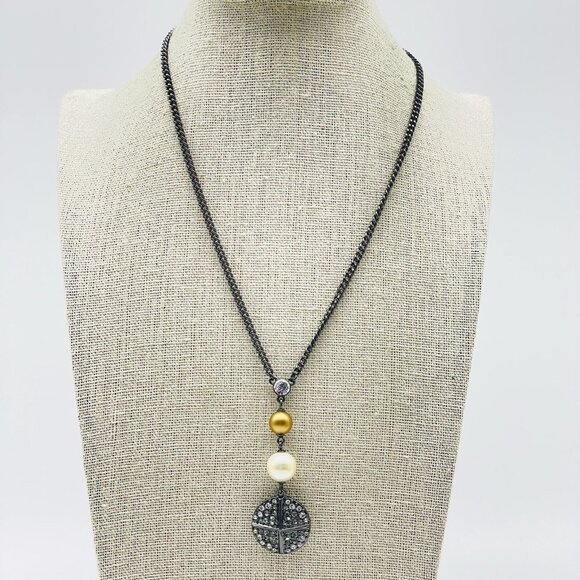 Givenchy Jewelry - GIVENCHY Signed Necklace Black Chain Pendant Faux Pearl Gold Bead Designer